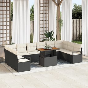 Conjunto de Sofás de Jardim com 11 Peças e Almofadas Preto Vime Poliés