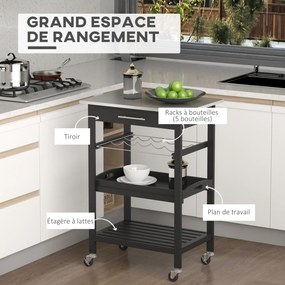 Carrinho de cozinha com prateleira para garrafas, 60L x 40P x 85A cm, tabuleiro em aço inoxidável. Preto