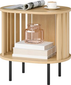 Mesa auxiliar oval 50x39x50 cm para colocar ao pé do sofá, com arrumação aberta, pés em aço com design em ripas, efeito de madeira natural