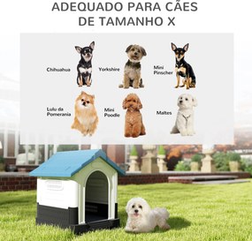 Casa para Cães Mini de Exterior em Plástico com 3 Janelas Base Elevada Telhado Inclinado 64,5x57x66 cm Azul