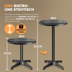 Conjunto de 2 mesas bar altas em alumínio preto Ø60cm dobrável, regulável em altura preta