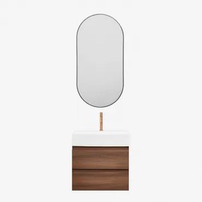 Conjunto De Móvel De Casa De Banho Em Madeira E Chapa De Freixo Com Lavatório Integrado Ona Madeira Escura & Ovale Led E Antifog Preto - Sklum