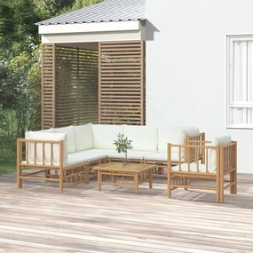 7 pcs conjunto lounge de jardim bambu c/ almofadões branco nata