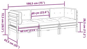 3 pcs conj. sofás jardim almofadões pinho maciço castanho cera