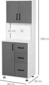 Armário alto de cozinha com 3 portas, 3 gavetas e bancada 60 x 40 x 160 cm, cinzento