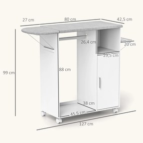 Móvel de Engomar de Madeira com Rodas Barra para Pendurar Roupa Prateleira Aberta e Tábua Dobrável 107x42,5x99 cm Branco