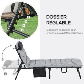 Espreguiçadeira dobrável com almofada, apoio para a cabeça e bolso lateral, reclinável, 58 x 189 x 32,5 cm, cinzento claro