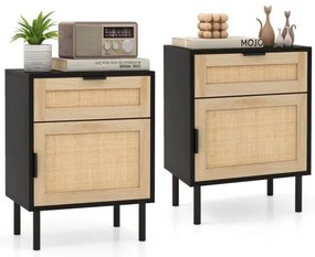 Conjunto de 2 mesas de cabeceira de vime com gaveta e armário e pernas de metal - Natural