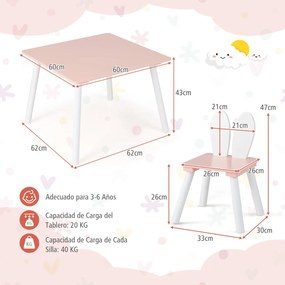 Conjunto de mesa e cadeiras para crianças Mesa quadrada 2 cadeiras desenho coelhos Rosa