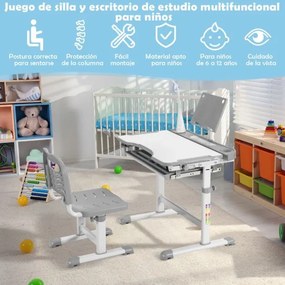 Conjunto de secretária e cadeira para crianças com suporte para livros, luz LED, superfície inclinada e gaveta removível cinzento