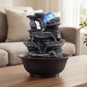 Fonte de mesa em cascata 21,5 x 26 cm com bola de cristal giratória, luz LED colorida, caudal ajustável, bomba silenciosa, decoração zen para casa e e