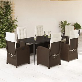 7 pcs conjunto jantar p/ jardim c/ almofadões vime PE castanho