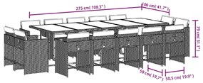 15 pcs conjunto jantar p/ jardim c/ almofadões vime PE cinzento