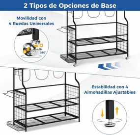 Organizador equipamento desportivo com rodas 132 x 40,5 x 194 cm, estrutura metálica, 4 ganchos e suporte adicional para 3 sacos de golfe e acessórios