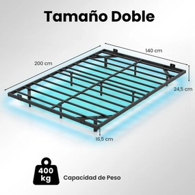 Estrutura de cama flutuante com luzes LED 200 x 140 x 24,5 cm de metal para colchão (COLCHÃO NÃO INCLUIDO) Base de ripas Somier preto