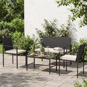 Conjunto de jardim de 4 peças em rattan para exterior: cadeiras, sofá, mesa de centro em vidro temperado e almofadas macias; ideal para jardim, alpend