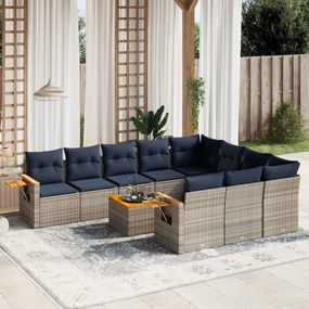 11 pcs conjunto sofás de jardim c/ almofadões vime PE cinzento