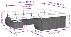 11 pcs conjunto sofás de jardim c/ almofadões vime PE cinzento