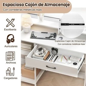 Secretária para computador 106 x 48 x 90 cm com tomadas com armário superior, gaveta e 2 prateleiras abertas Estrutura branca