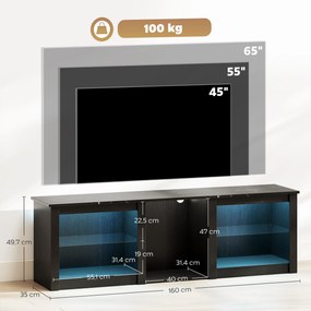 Móvel de TV com iluminação LED para televisores até 65 polegadas, 160 C x 35 L x 49,7 A cm, com prateleiras de vidro ajustáveis, preto