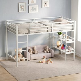 Cama Alta Infantil com Estantes para Arrumação, 196 x 96 x 126 cm (COLCHÃO NÃO INCLUIDO), Estrutura Metálica Reforçada, Branco