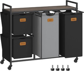 Cesto de roupa suja VASAGLE com 4 compartimentos, separador de roupa suja de 150 L, carrinho de roupa suja com rodinhas e prateleiras, forros removíveis, 6 etiquetas, marrom castanho, preto escuro e cinza pombo BLH203B01