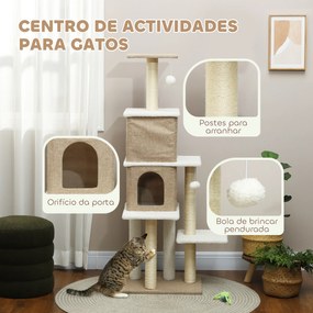 Arranhador para Gatos com 2 Cavernas Plataformas Bolas Suspensas e Poste de Sisal 48x40x140 cm Castanho Claro