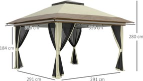 Pérgola Dobrável 356x356x280 cm com 4 Paredes Laterais de Malha Anti-UV Altura Ajustável e Bolsa de Transporte Bege e Castanha