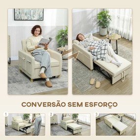 Poltrona Cama Estofado em Veludo Ecológico com Encosto Ajustável 3 Níveis 6 Bolsos Laterais 74x85,5x82 cm Bege