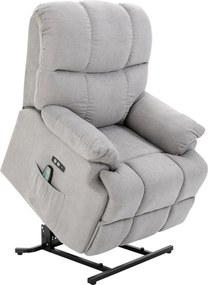 HOMCOM Poltrona com função de elevação, Poltrona de massagem, Poltrona relax com porta USB, Poltrona de TV com comando remoto, Bolso lateral, Poltrona de TV reclinável com acabamento aveludado, Cinza | Aosom Portugal