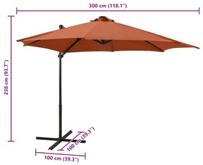 Guarda-sol jardim cantilever c/ poste/luzes LED 300cm terracota