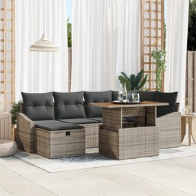 Conjunto de Sofá de Jardim de 7 Peças com Almofadas Cinza Polirattan