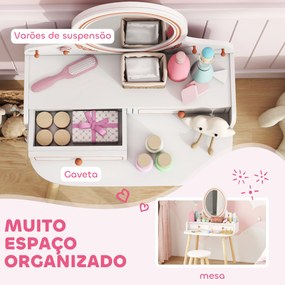 Toucador Infantil de Maquilhagem com Banqueta e Espelho 2 Gavetas e Barras para Pendurar dos 3 aos 8 Anos, Branco