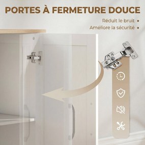 Aparador de sala 110 x 35 x 80,4 cm, móvel de arrumação com 2 portas com fecho suave e 3 gavetas, , branco e madeira natural