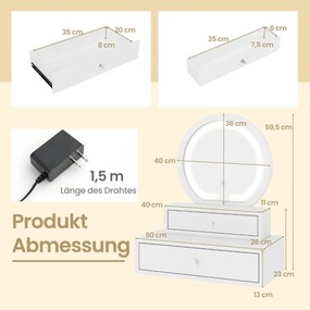 Espelho de maquilhagem com 2 gavetas 51 x 26 x 59 cm Branco