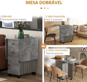Mesa de Refeição Dobrável com Rodas 120x60x76,5 cm com 2 Gavetas e Armário Mesa Auxiliar Multifuncional Cinza