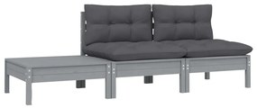 3 pcs conj. lounge jardim c/ almofadões pinho maciço cinzento