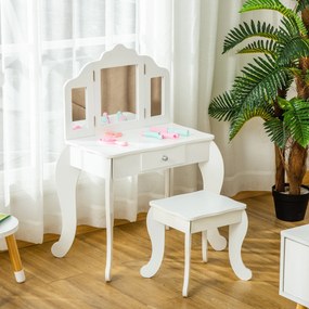 Toucador infantil com banquinho com espelho triplo e gaveta deslizante 63 x 40 x 85,5 cm - Branco acrílico