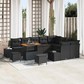 Conjunto de Sofá de Jardim de 12 peças com Almofadas Preto Vime Poliéster Acácia