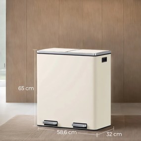 Caixote do lixo com 2 compartimentos de 60 L, 59 x 36,5 x 65,2 cm branco creme
