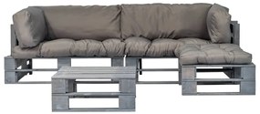 Conj. lounge de paletes 4 pcs com almofadões cinzentos madeira