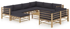 10 pcs conj. lounge jardim em bambu c/ almofadões cinza-escuro