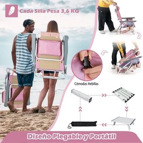 Conjunto de 2 cadeiras reclináveis de exterior com estrutura de alumínio e mesa de jardim, piscina campismo, praia dobraveis Rosa