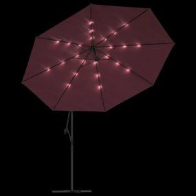 Guarda-sol de jardim cantilever com luzes LED 350 cm bordô