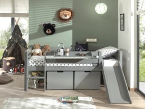 Conjunto Cama alta de Criança PINO 90 x 200 cm + estrado + escada + escorrega + conjunto de 2 gavetas e prateleira suspensa Cinzenta