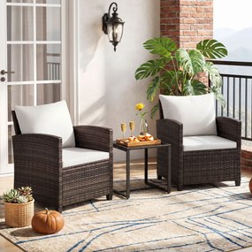 Conjunto de 3 móveis de rattan para jardim, com 2 cadeiras, mesa de vidro e almofadas pretas com capas removíveis, para jardim, terraço ou piscina Cas