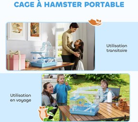 Gaiola portátil para hamster com casinha, roda de exercício, comedouro, garrafa de água, 47,5 x 31,5 x 29,5 cm, azul claro