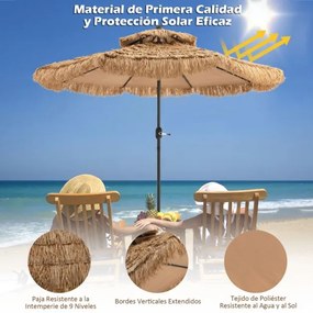 Guarda-sol de palha estilo havaiano de 2,7 m com 8 hastes Manivela manual Inclinação do guarda-sol exterior Piscina Pátio da praia Castanho claro