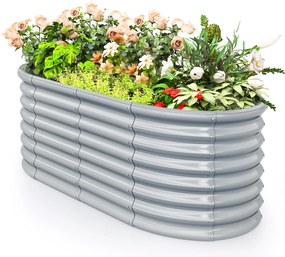 Floreira metálico ovalado elevado com fundo aberto, caixa para plantas canteiro de flores em chapa ondulada, cinza