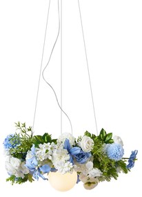 Candeeiro de teto boémio preto com flores coloridas azuis e brancas - Flower Power Boêmio